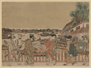 ボートがある川に架かる橋を渡る歩行者 作： Utagawa Toyoharu